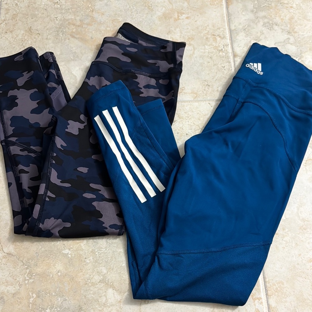 Adidas Kids' Blue Athletic Leggings with White Stripes